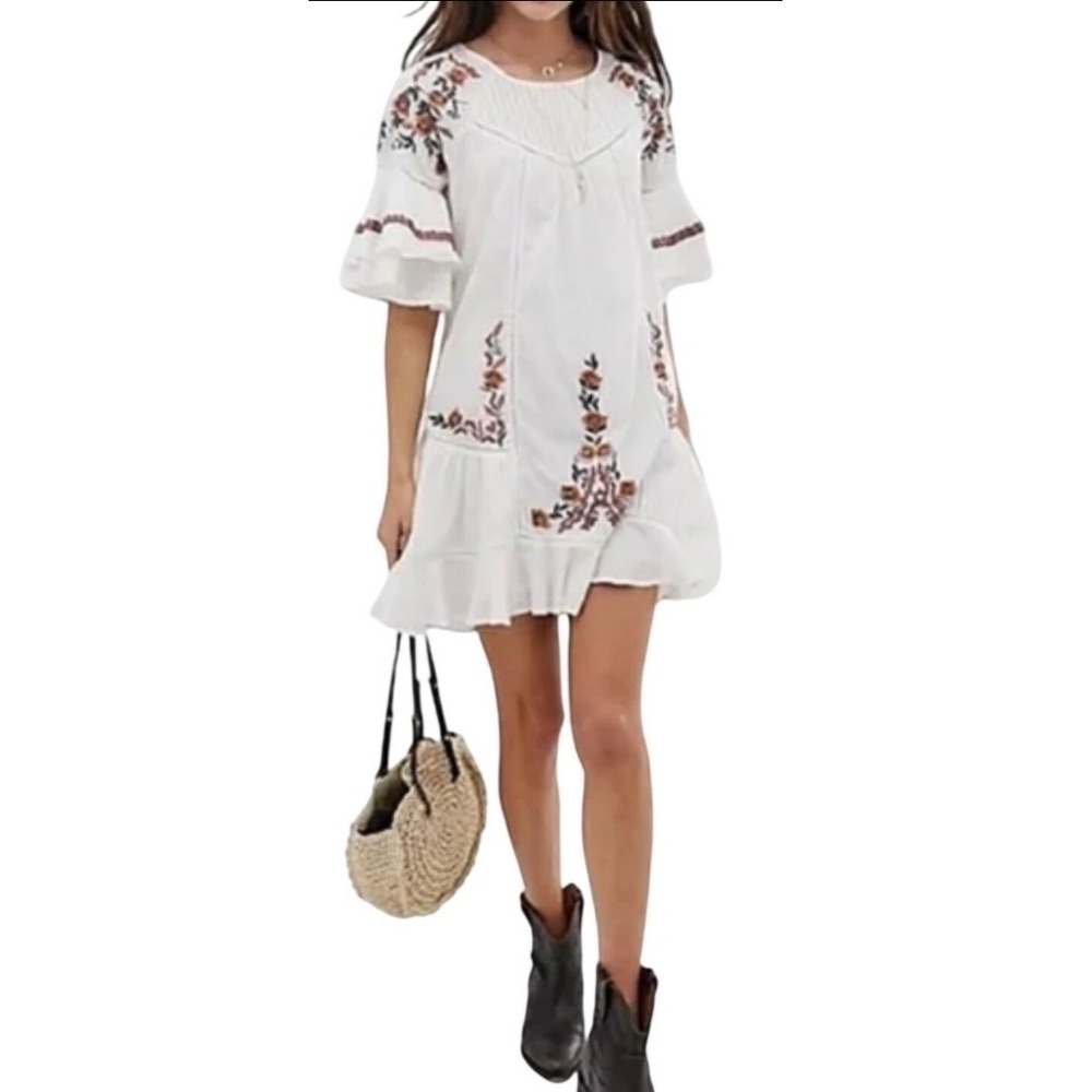 Free People Pablo Embroidered Boho Mini Dress Ruffle Sleeve, size XS - Picture 1 of 9